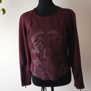 A. Moss Women's Large Burgundy Mesh Overlay Top Zipper Sleeves Glam